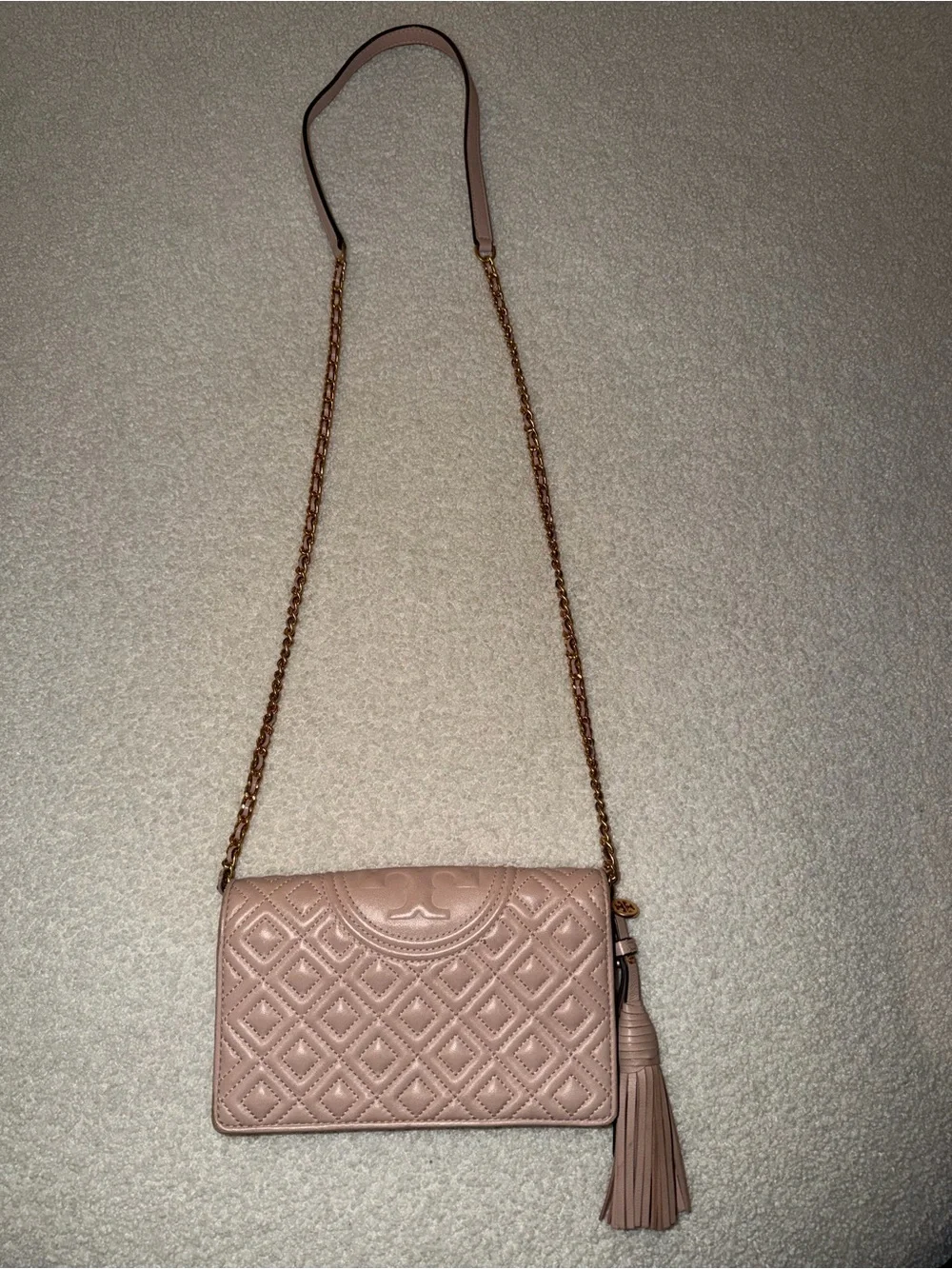 Tory Burch Quilted Crossbody in Dusty Rose with Gold Chain